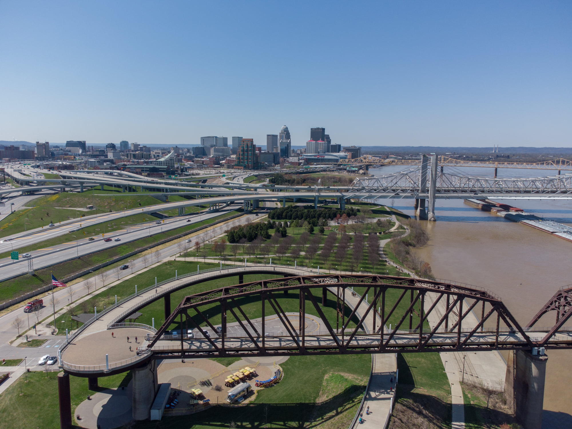 Louisville skyline and Ohio River aerial