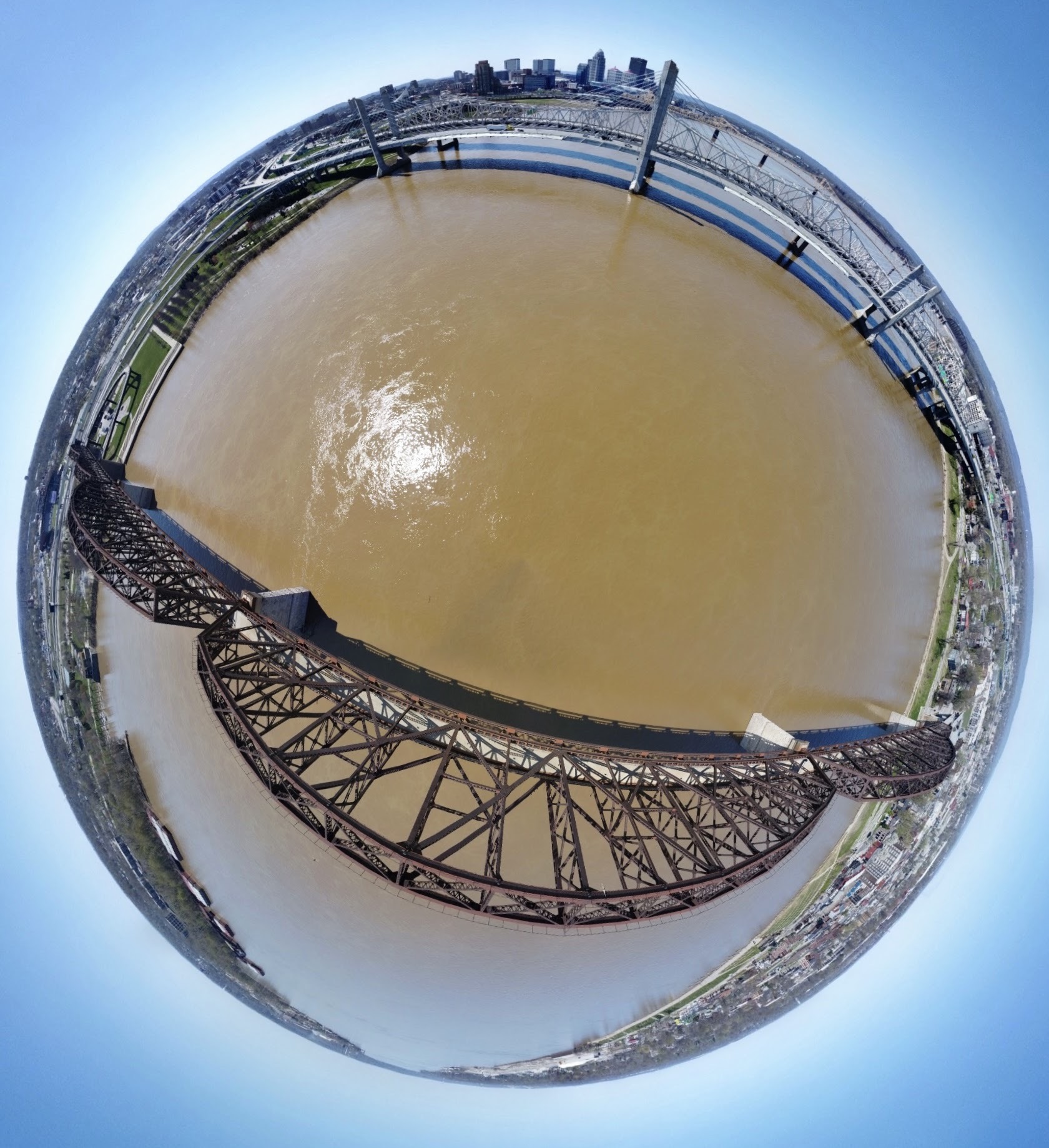 360 degree drone panorama Ohio River