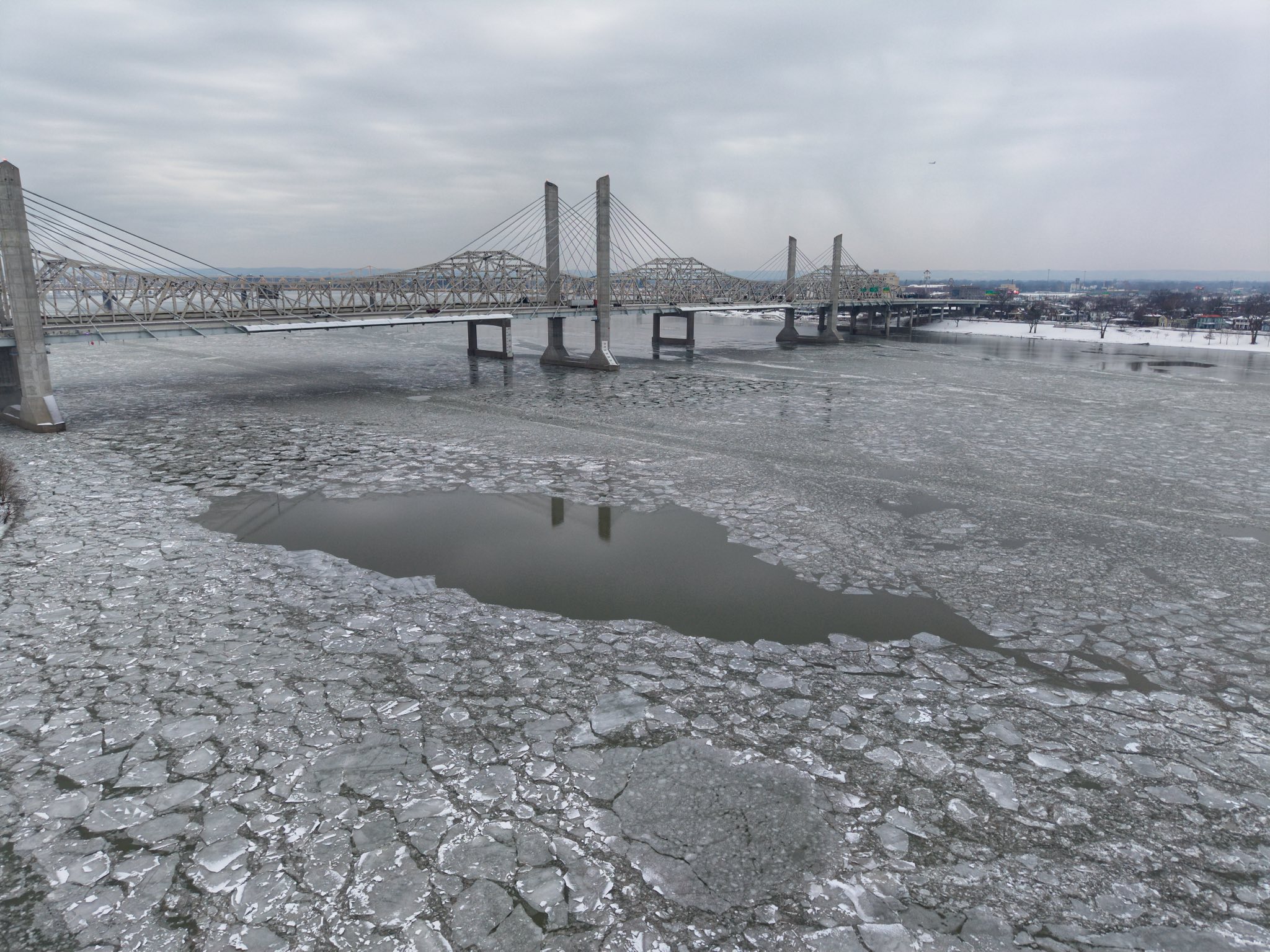 Aerial view of frozen Louisville waterfront
