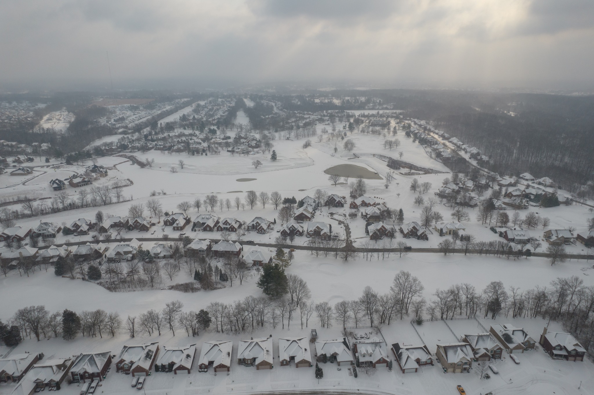 Snowy Louisville morning aerial